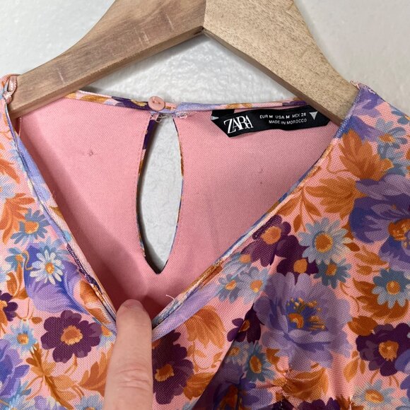 Zara Floral Ruched Bodycon Spring Cocktail Mid Sleeve Midi Dress Medium - Picture 6 of 9